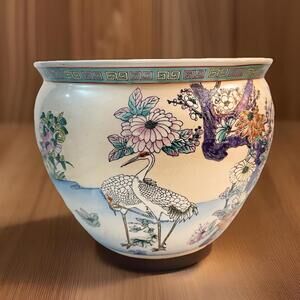 Vintage Chinese Export Ceramic Fish Bowl Planter 10” High X 13 1/2” Wide 1970s